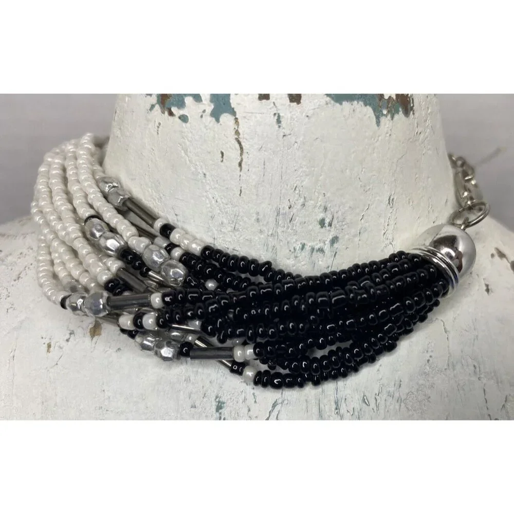 Glass Bead BRACELET Braided Seed Bead Chunky Southwesten Jewelry Black & White - Picture 3 of 5